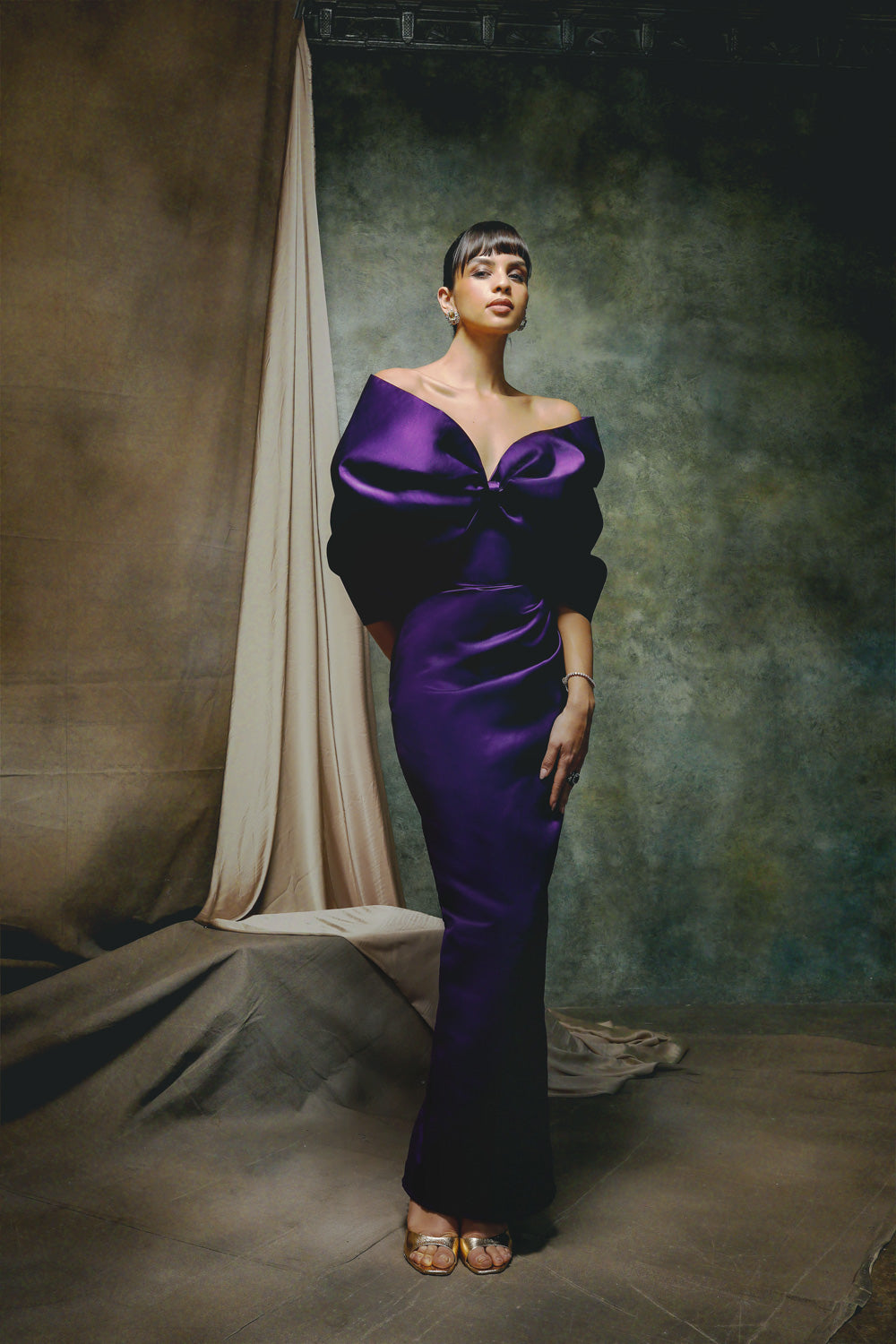 Plum Velvet Bow Gown - Statement Sleeve Evening Wear