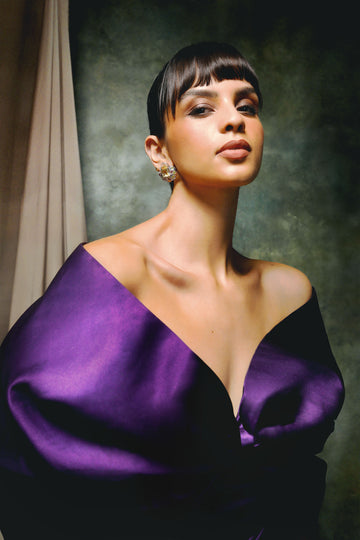 Plum Velvet Bow Gown - Statement Sleeve Evening Wear