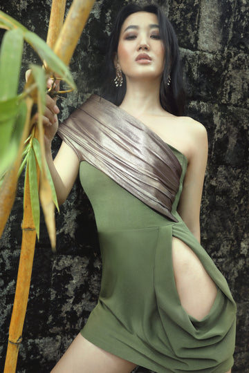 Champagne Veuve Dress - Olive Draped Party Wear