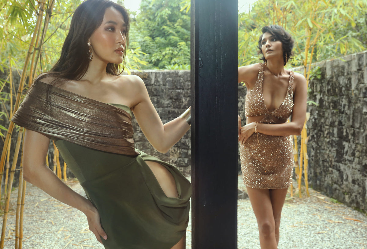 Champagne Veuve Dress - Olive Draped Party Wear