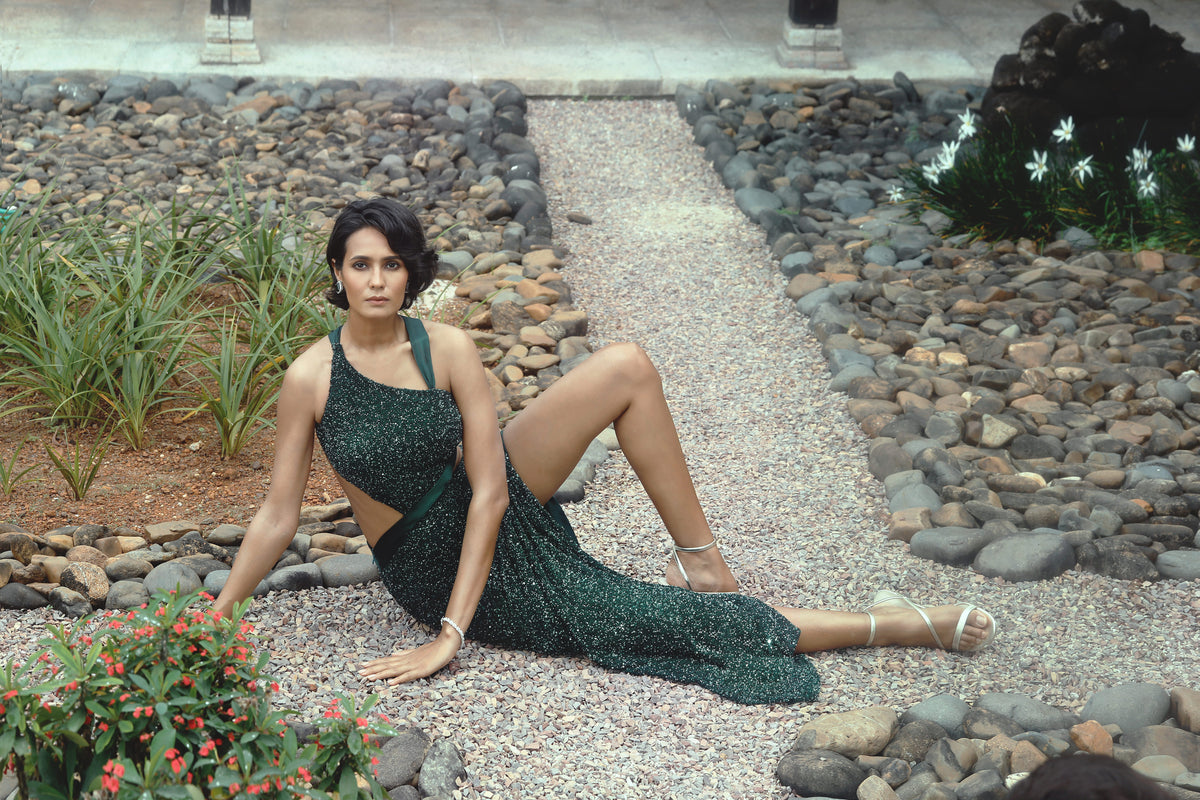 Midnight Green Proposal Gown - High-Slit Evening Wear