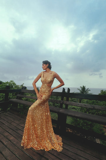 Gold Ballgown - Embellished Floor-Length Formal Dress