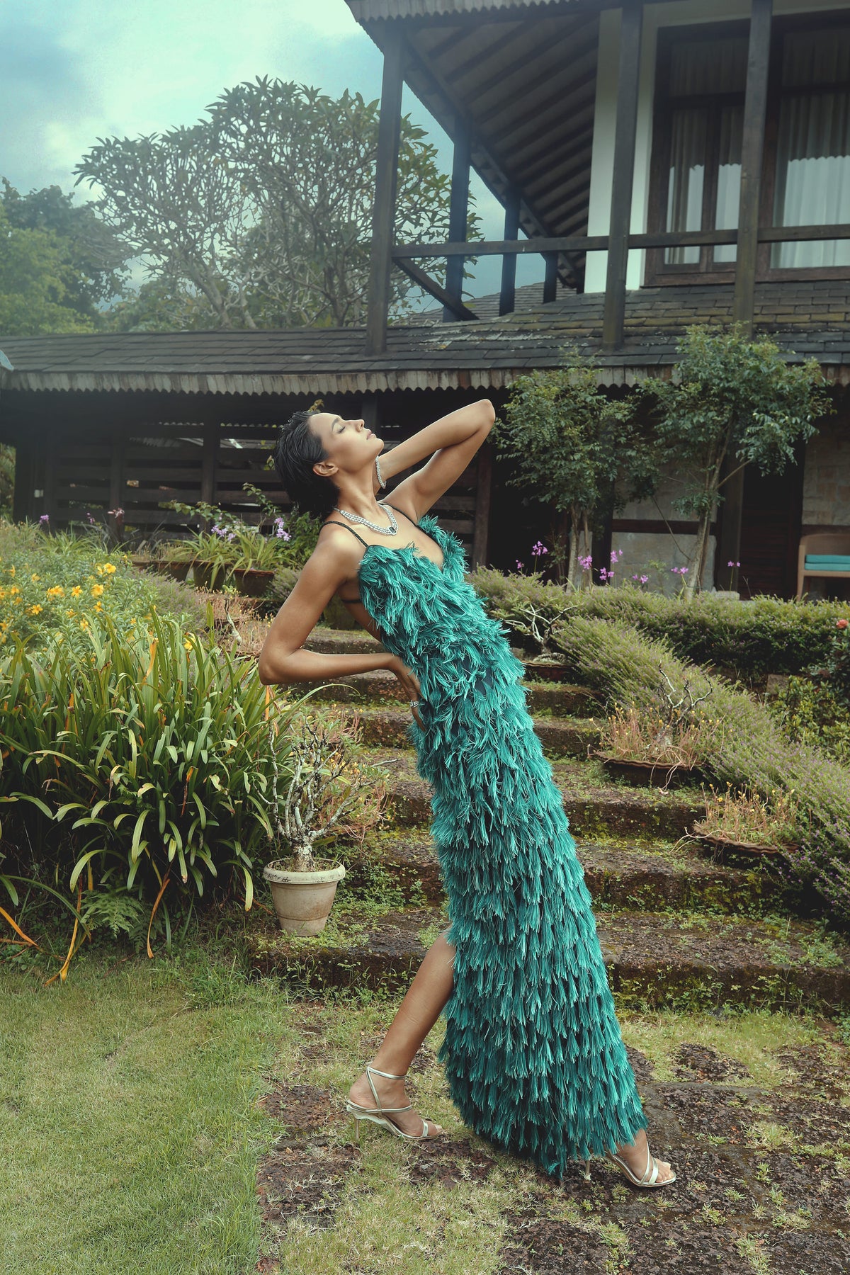 Green Fringe Gown - Draped Tassel Evening Dress