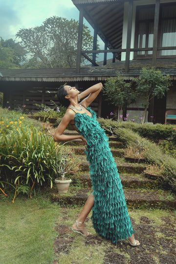 Green Fringe Gown - Draped Tassel Evening Dress