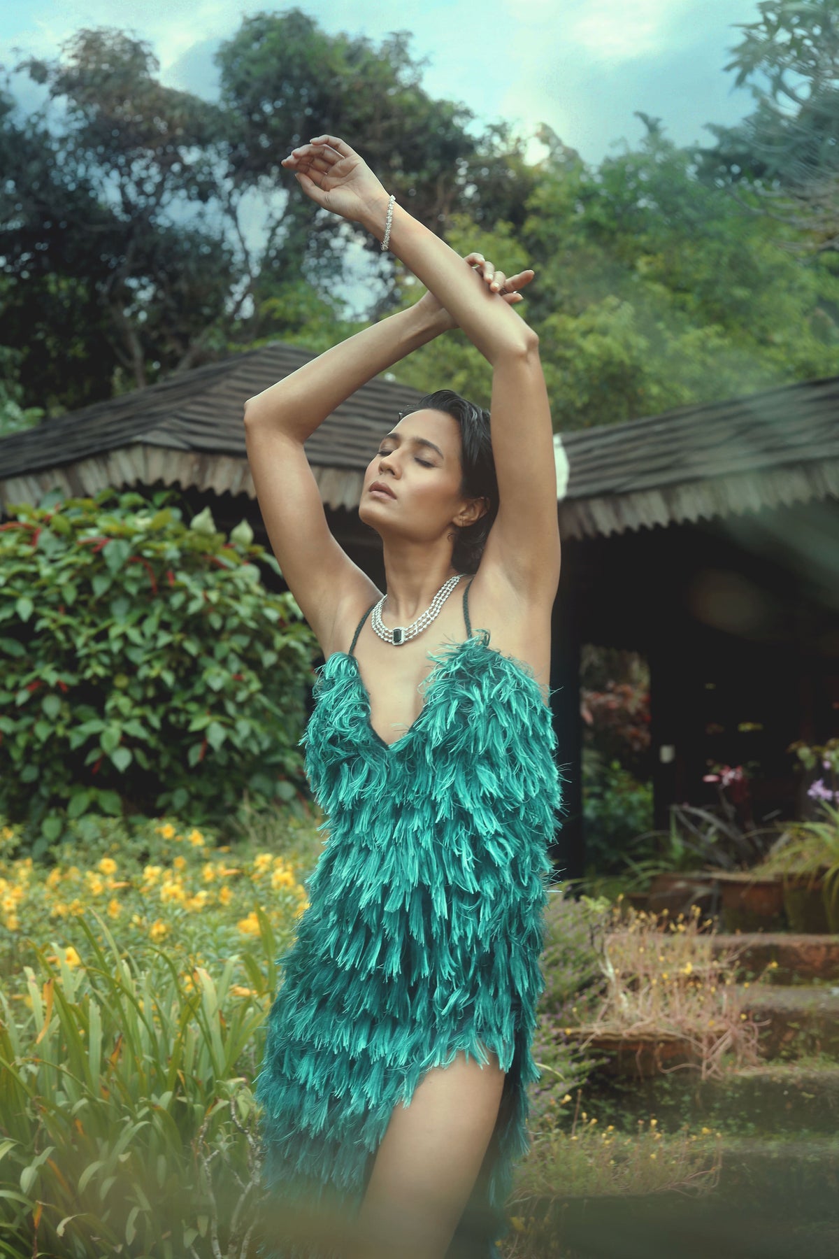 Green Fringe Gown - Draped Tassel Evening Dress
