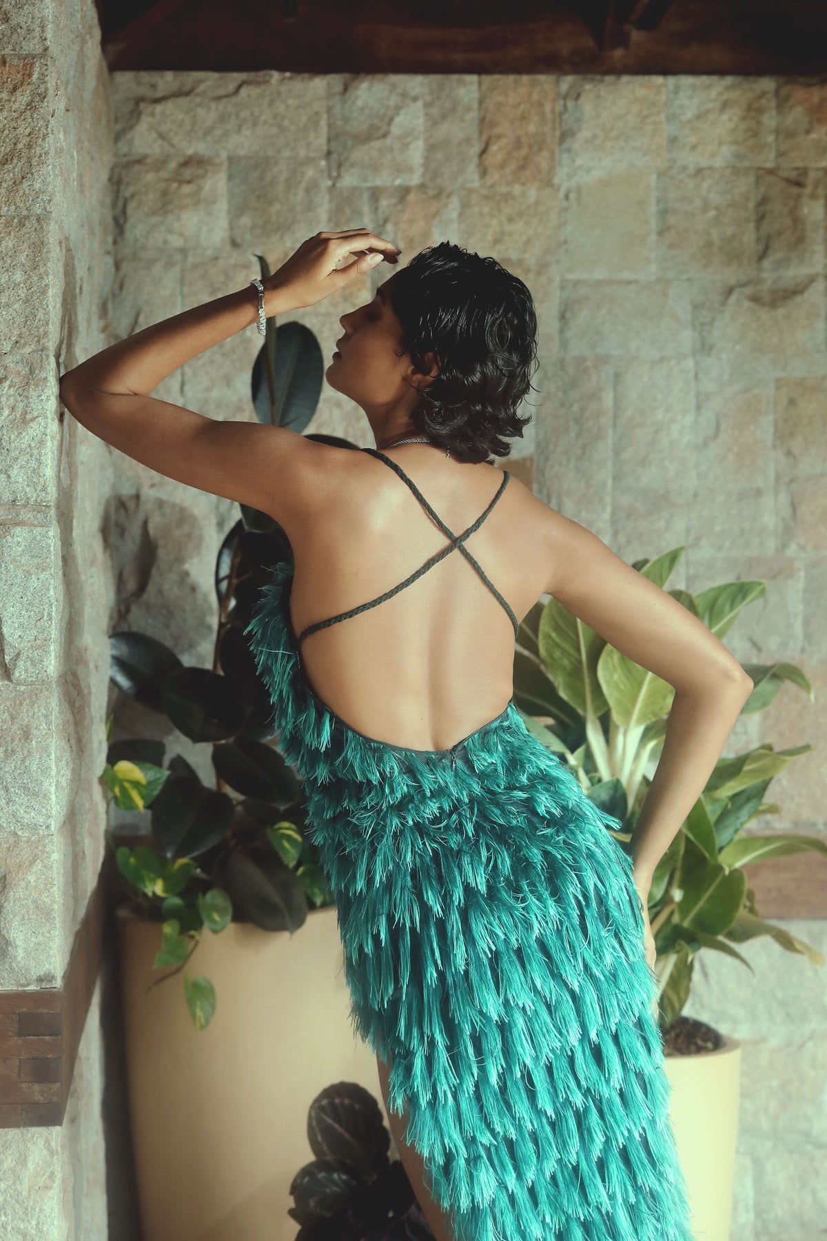 Green Fringe Gown - Draped Tassel Evening Dress