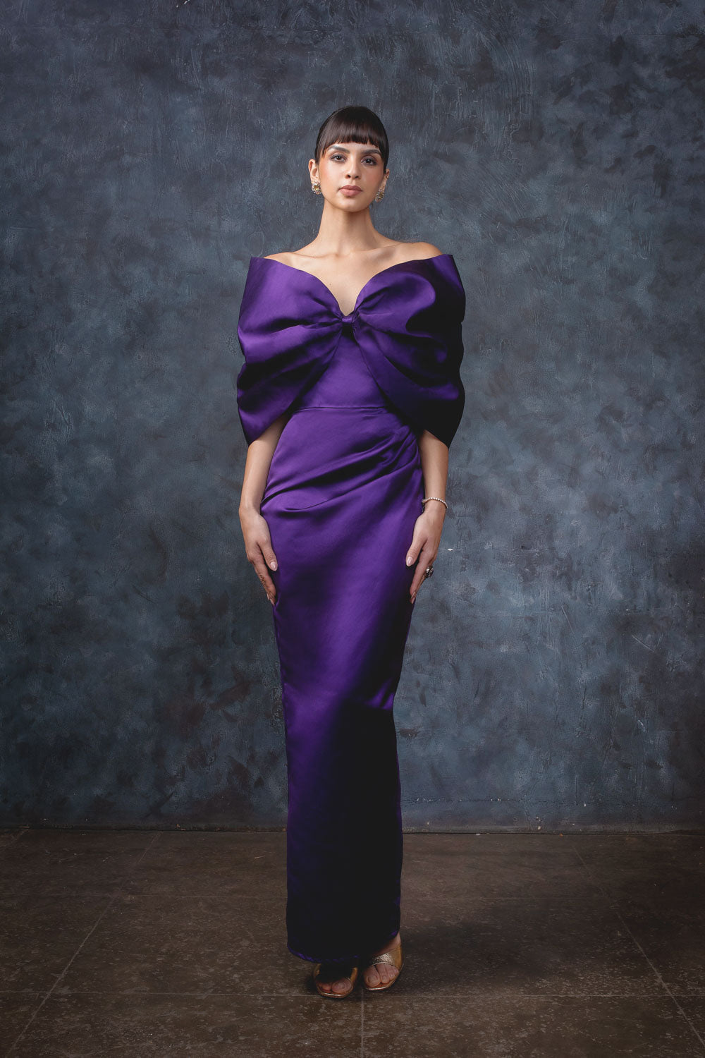 Plum Velvet Bow Gown - Statement Sleeve Evening Wear