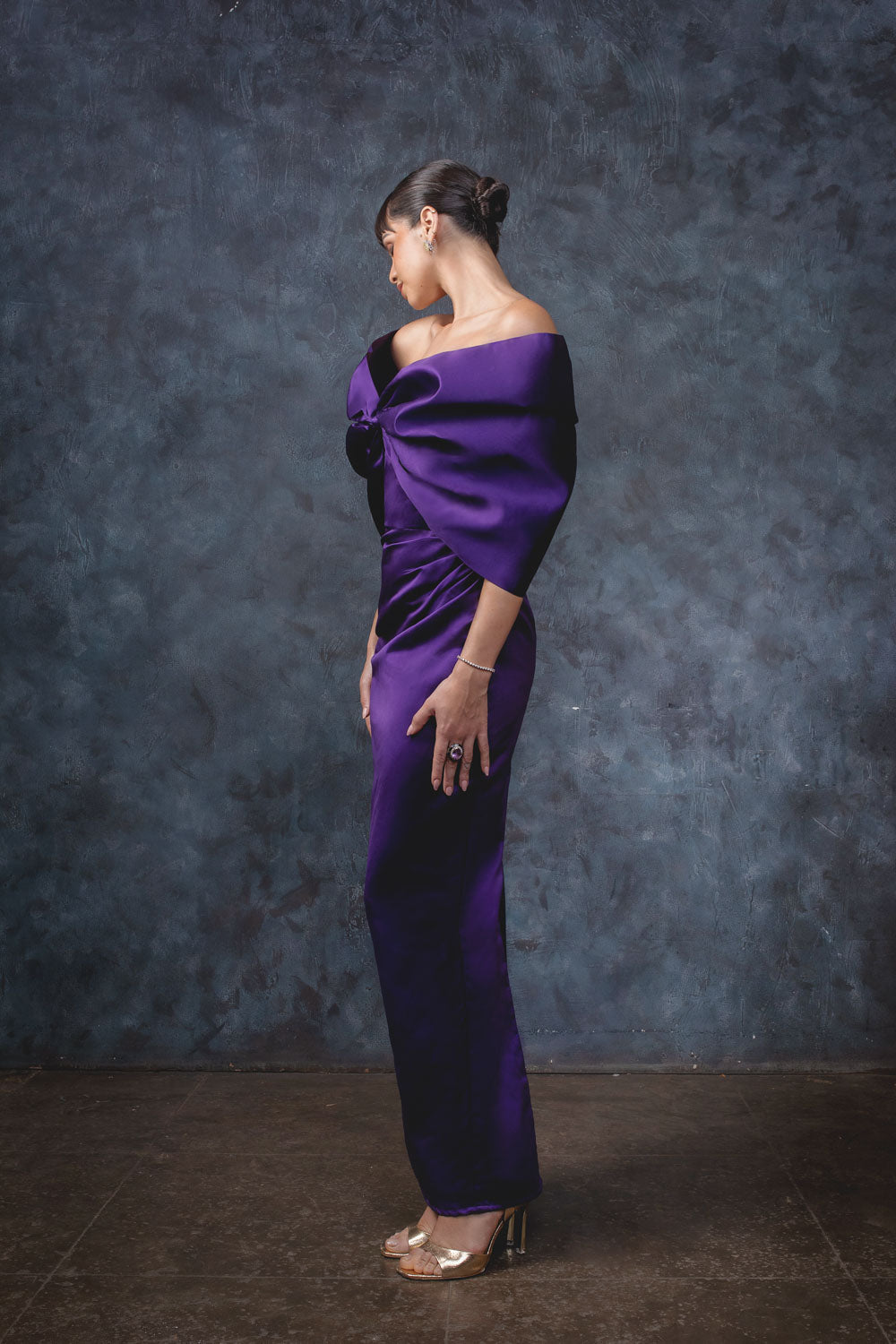 Plum Velvet Bow Gown - Statement Sleeve Evening Wear