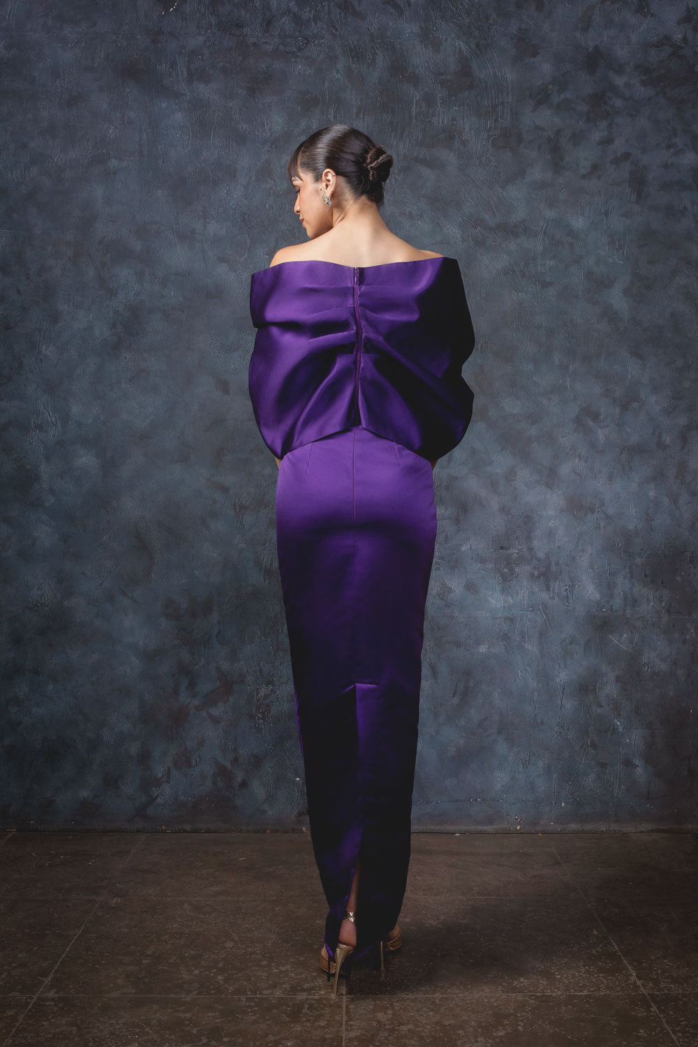 Plum Velvet Bow Gown - Statement Sleeve Evening Wear