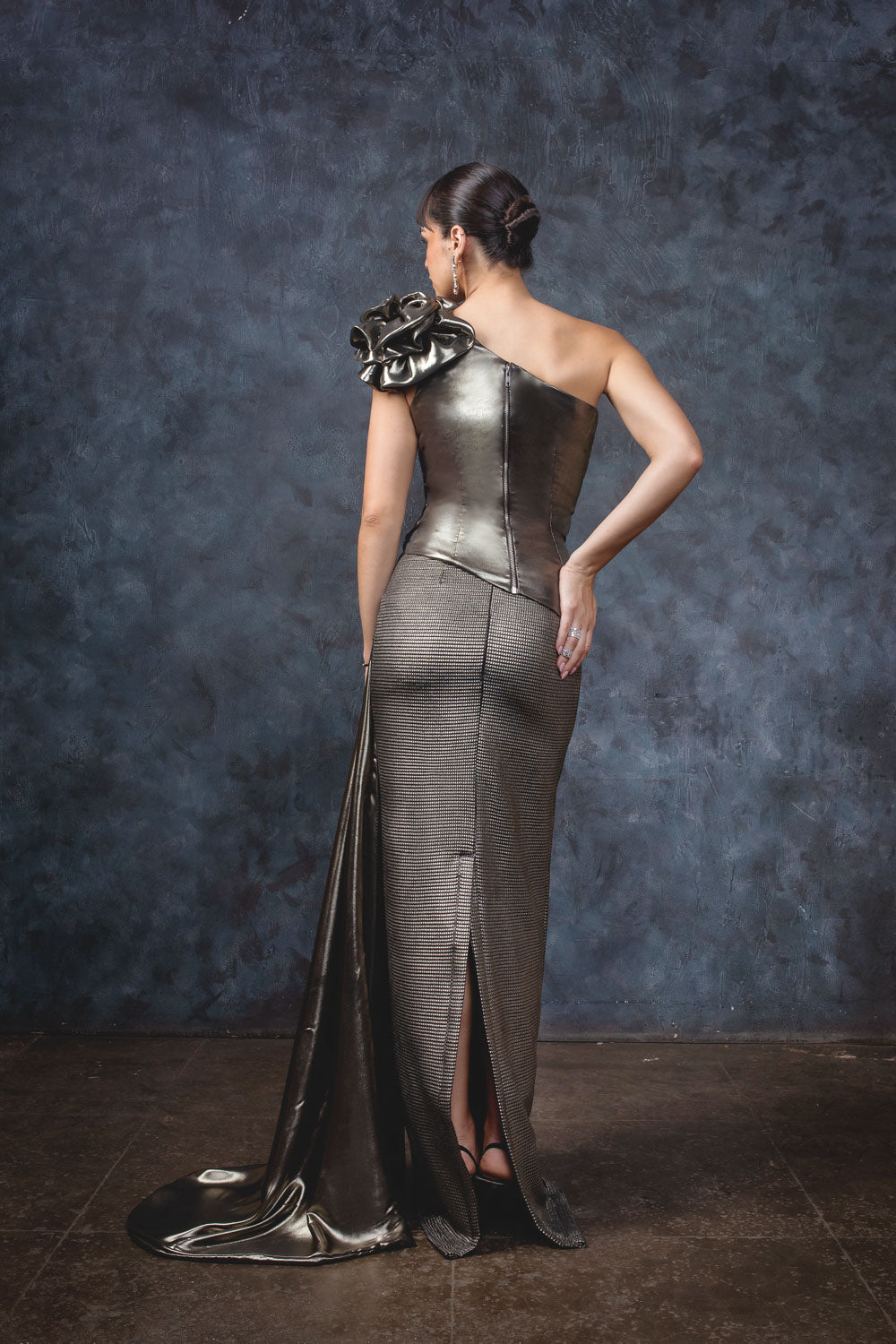 Gun Metal Oscar Gown - Structured Evening Formal Dress