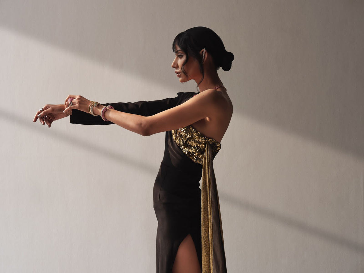Black Shoulder Gown - Metallic Bustier Dress