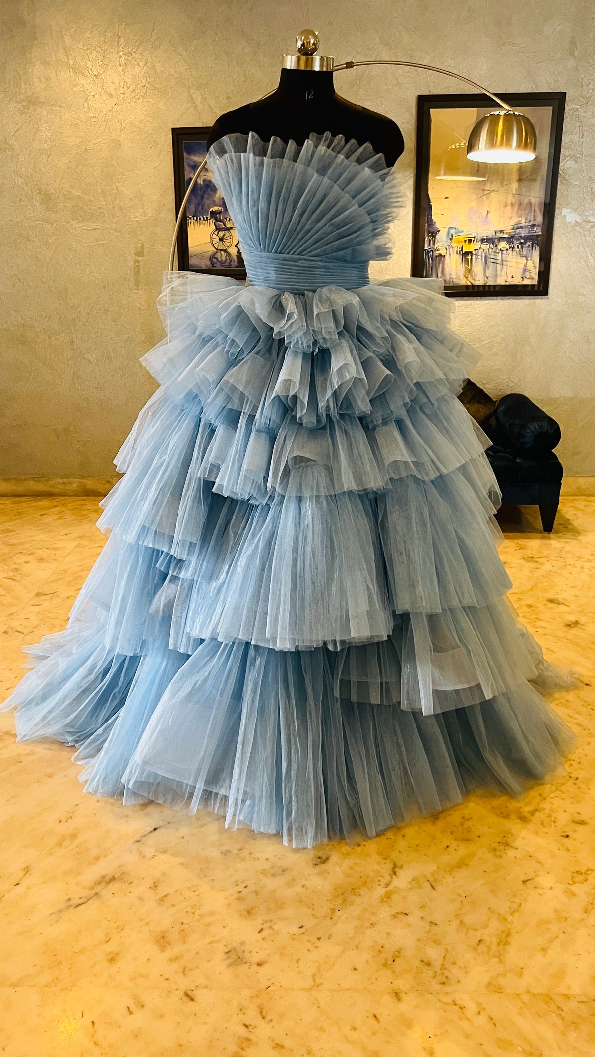 Ice Blue Corset Gown - Ruffled Evening Wear