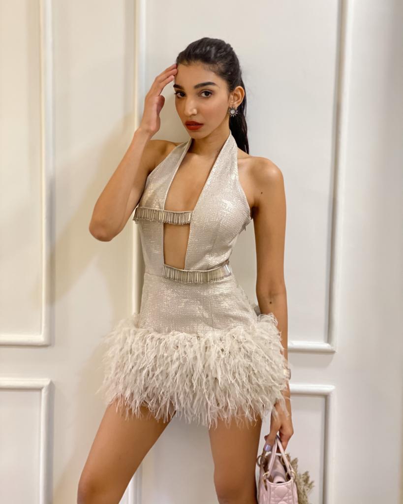 Silver Gold Bodycon Dress - Deep V Cut-Out Feathers