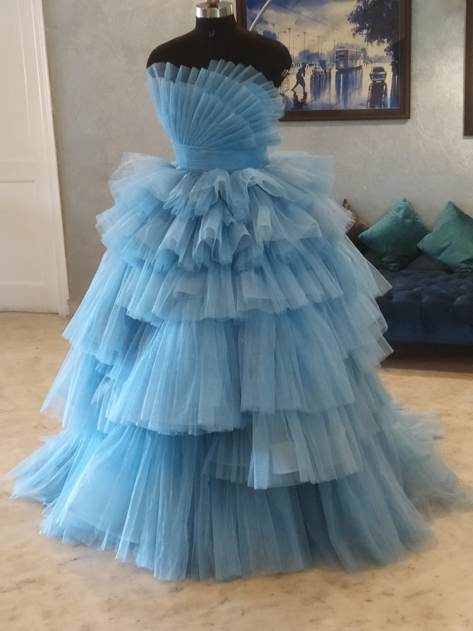 Ice Blue Corset Gown - Ruffled Evening Wear