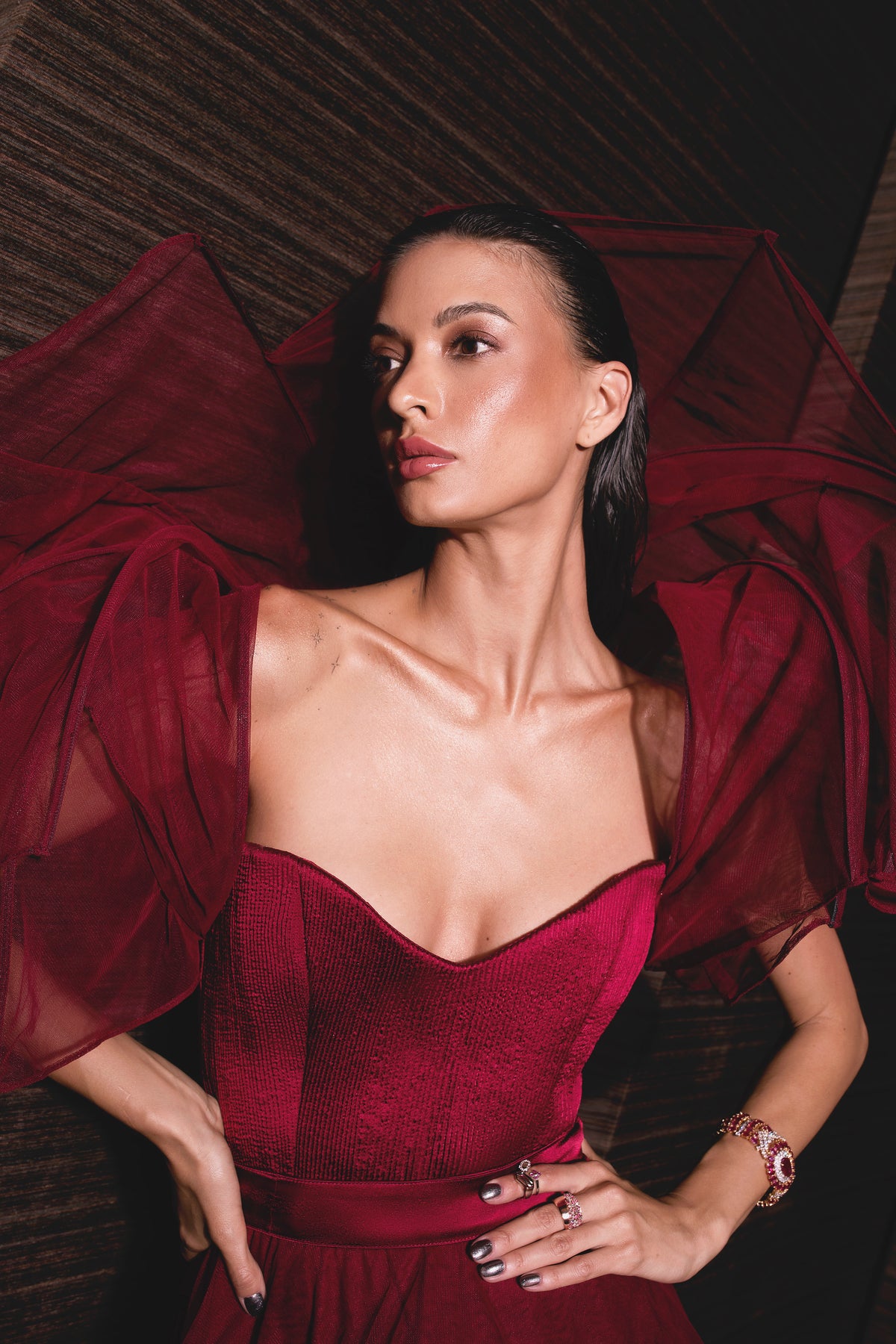 Burgundy Sculpted Gown - Ruffled High-Slit Dress