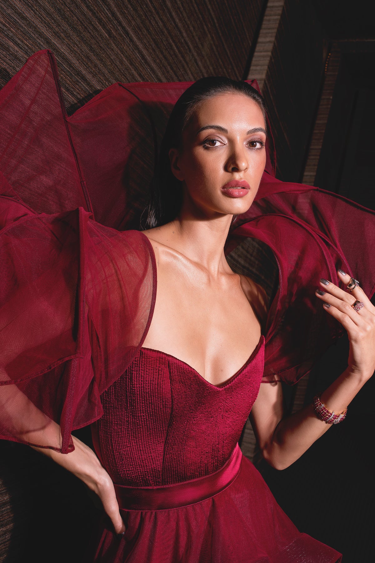 Burgundy Sculpted Gown - Ruffled High-Slit Dress