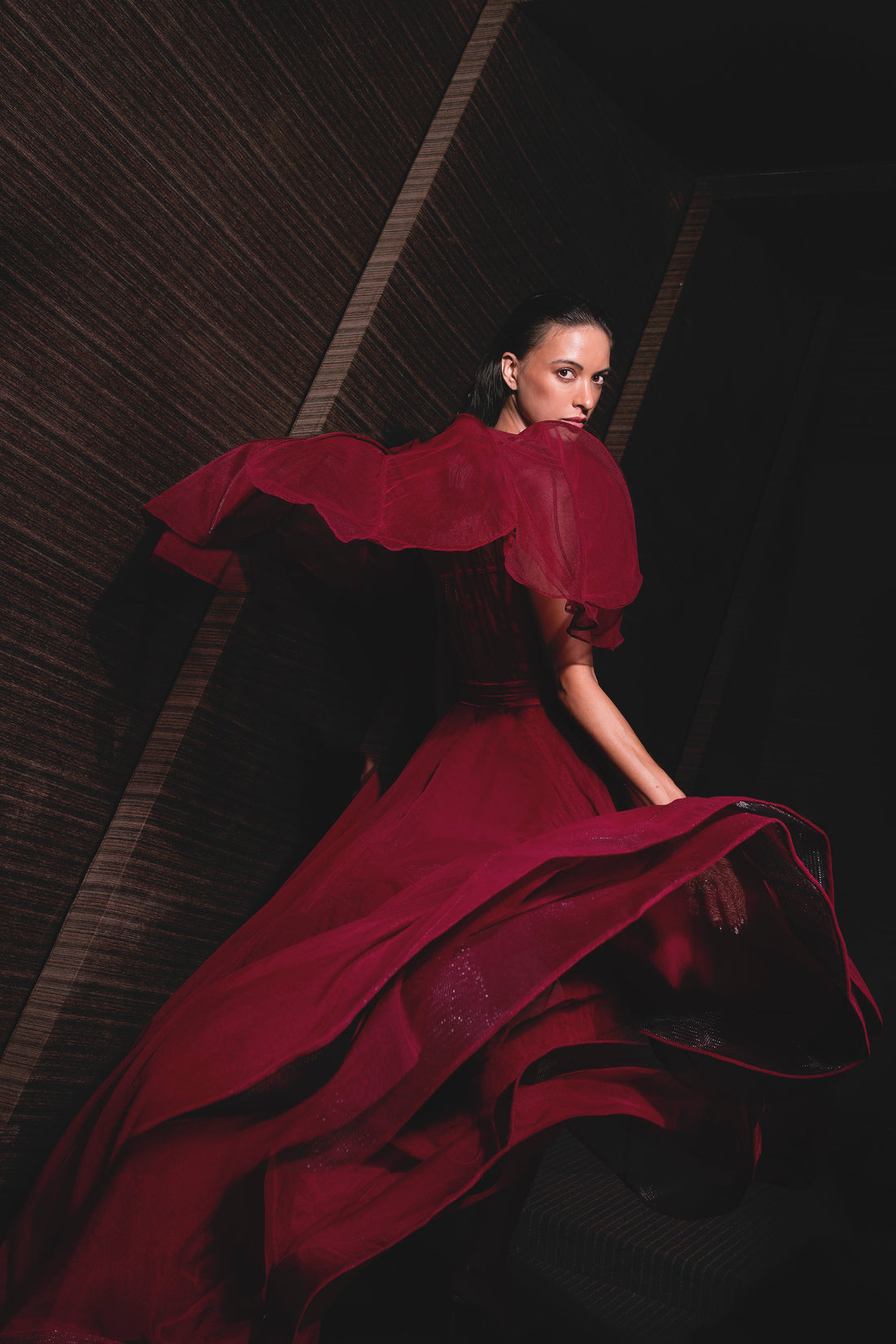 Burgundy Sculpted Gown - Ruffled High-Slit Dress
