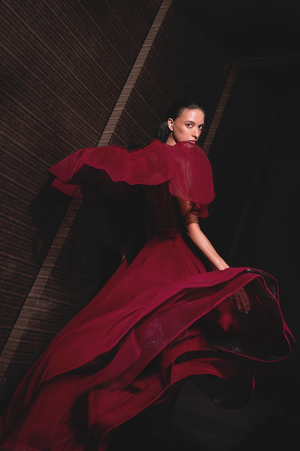 Burgundy Sculpted Gown - Ruffled High-Slit Dress