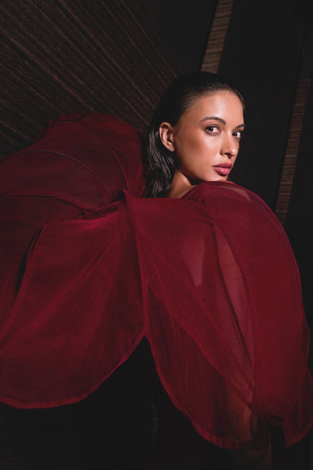 Burgundy Sculpted Gown - Ruffled High-Slit Dress