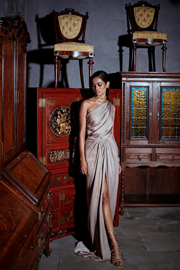 Silver Gold Shoulder Gown - Draped Slit Dress