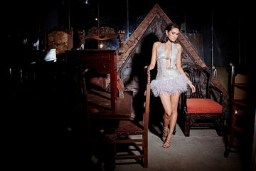 Silver Gold Bodycon Dress - Deep V Cut-Out Feathers