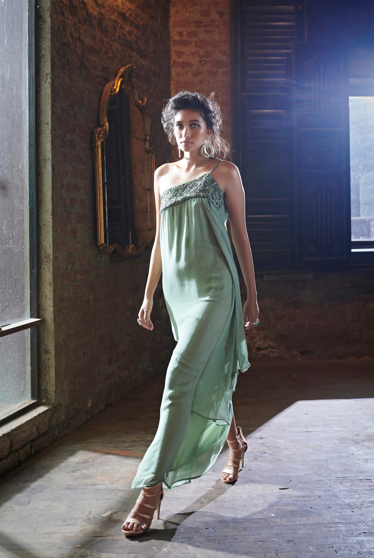 Mint Green Midi Gown - Shoulder Evening Dress