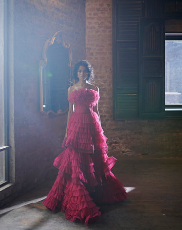 Berry Ruffled Gown - Evening Party Wear