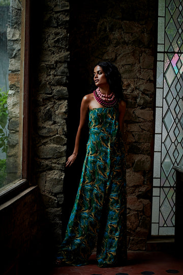 Green Tribal Jumpsuit - One-Shoulder Party Wear