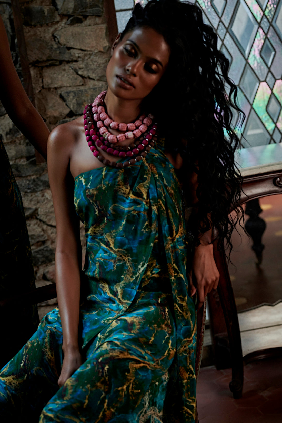 Green Tribal Jumpsuit - One-Shoulder Party Wear