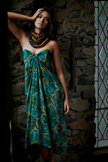 Green Tribal Dress - Off-Shoulder Draped Outfit