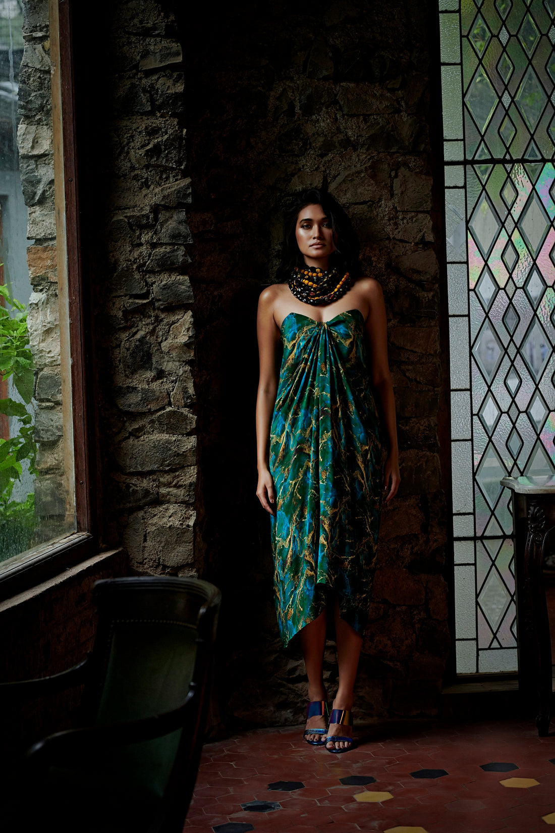 Green Tribal Dress - Off-Shoulder Draped Outfit