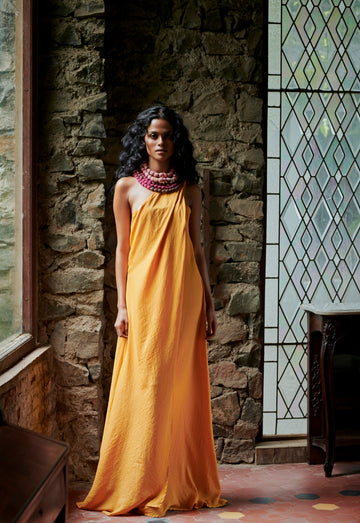 Yellow Shoulder Dress - Draped Party Outfit