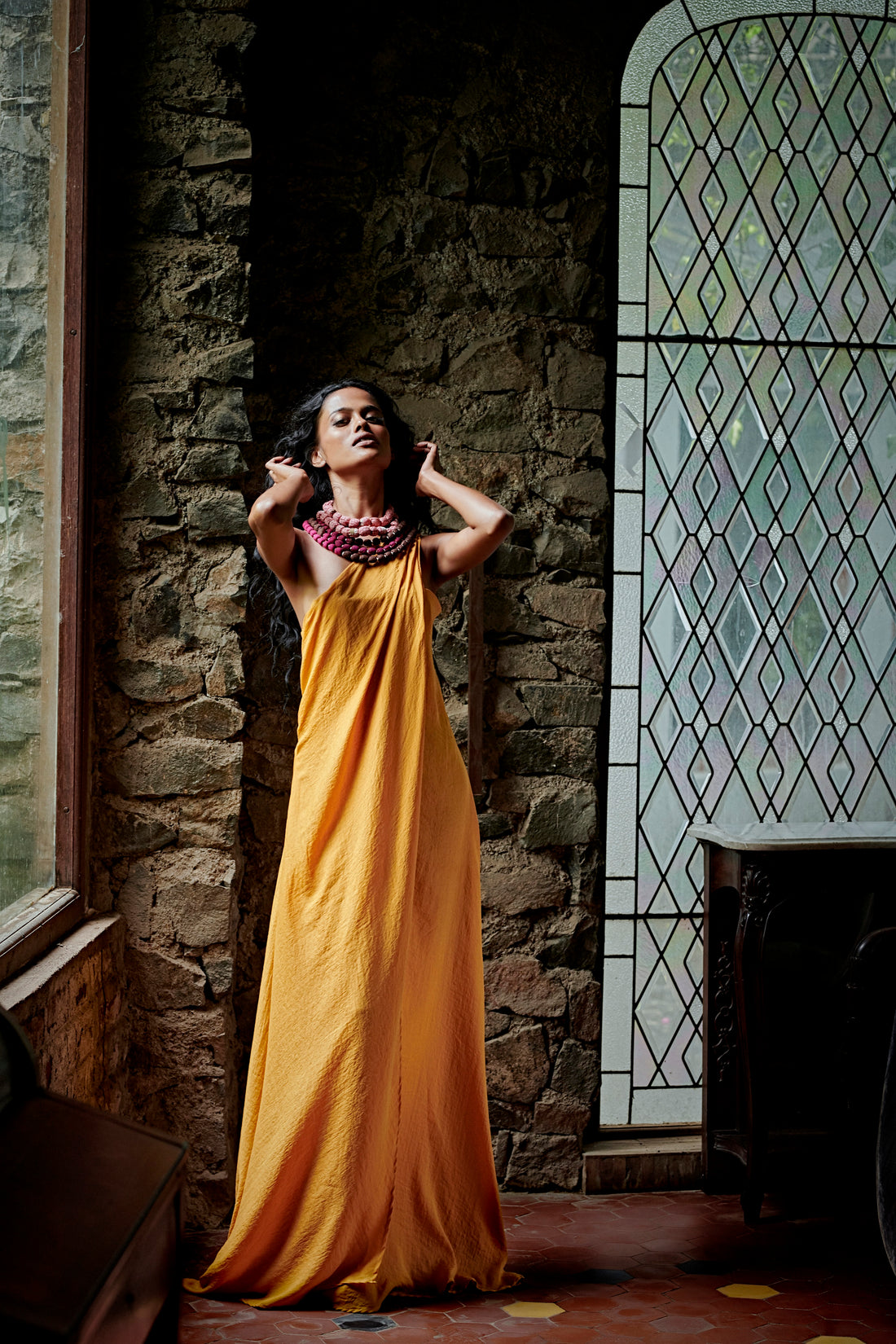 Yellow Shoulder Dress - Draped Party Outfit