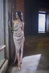 One Shoulder Draped Dress with Hand Work