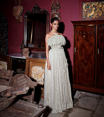 Gold Feather Gown - Bustier Evening Wear