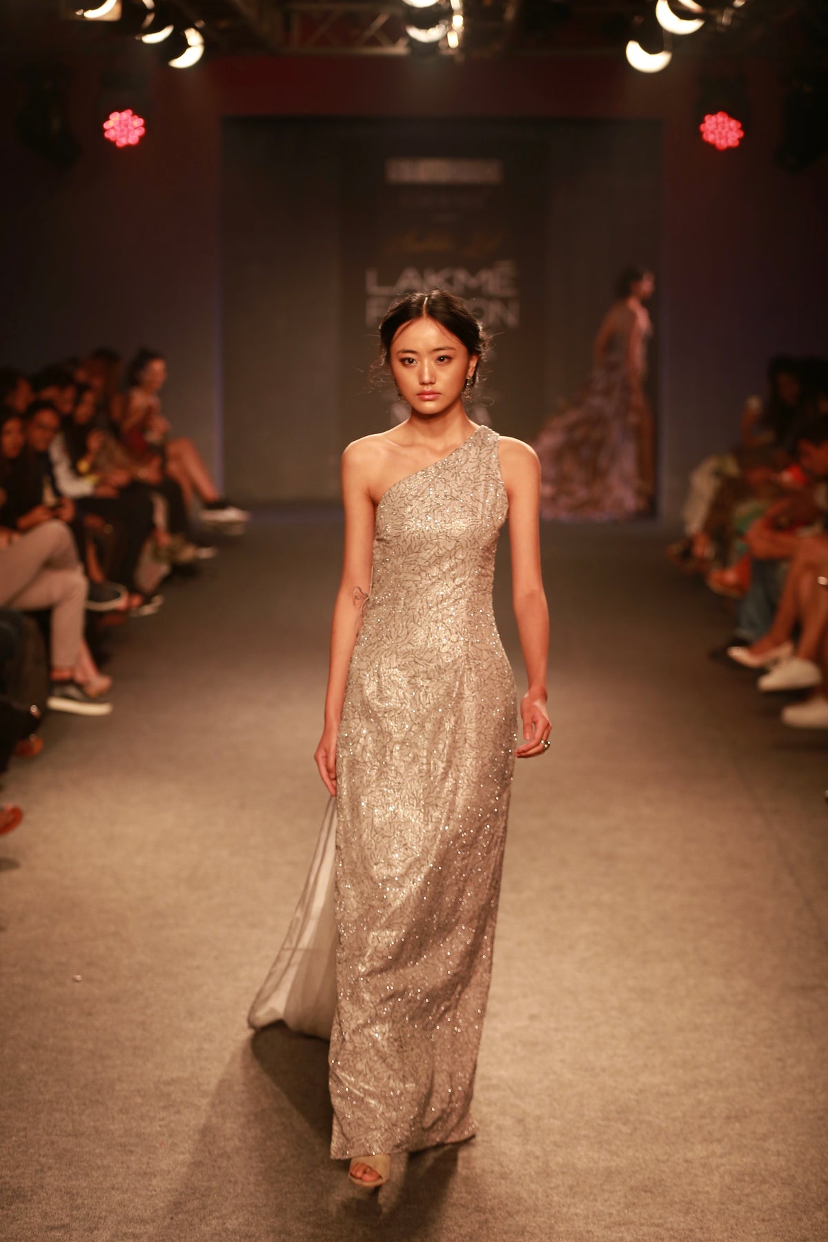 Silver Embroidered Gown - Off-Shoulder Side Trail