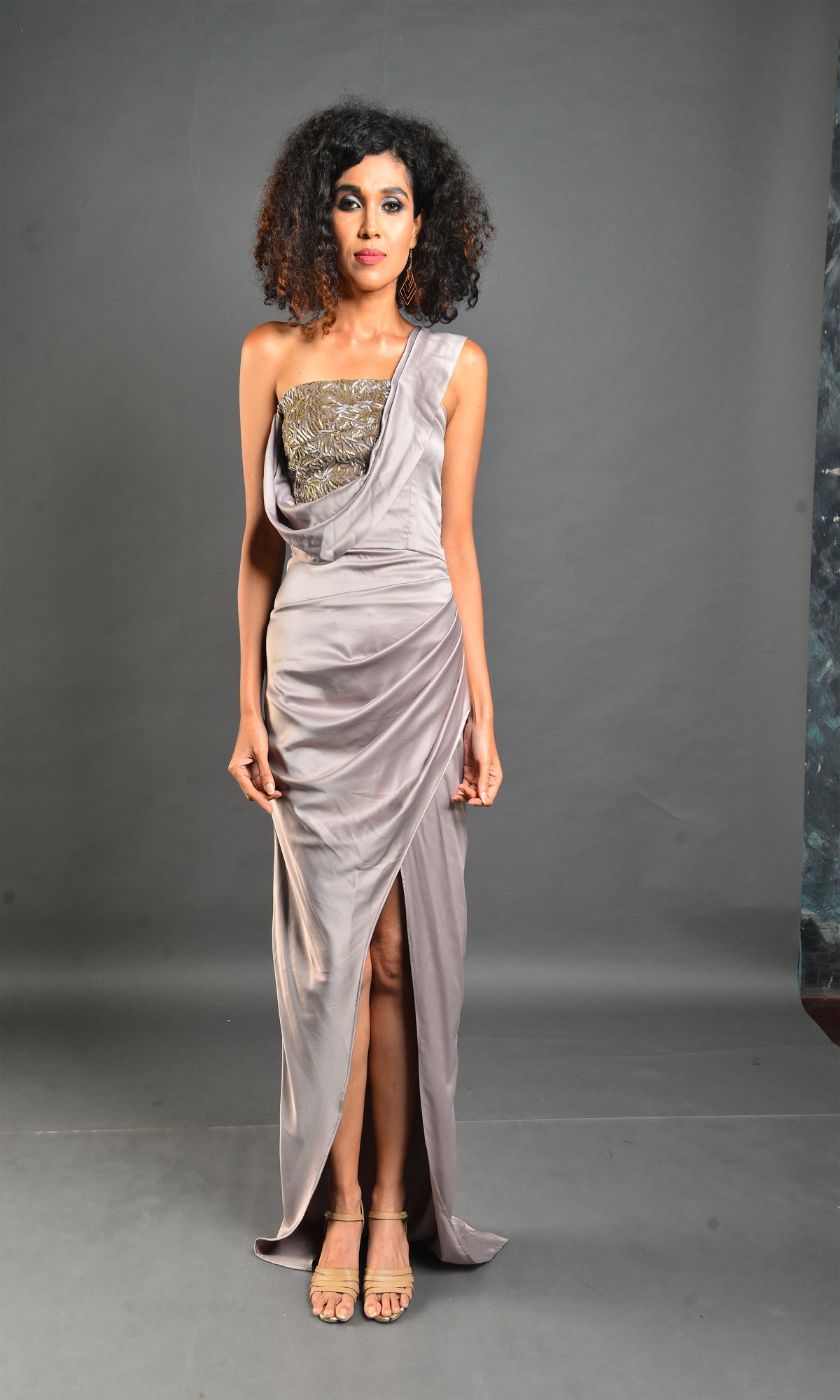 Off-Shoulder Silver Ruffle Gown