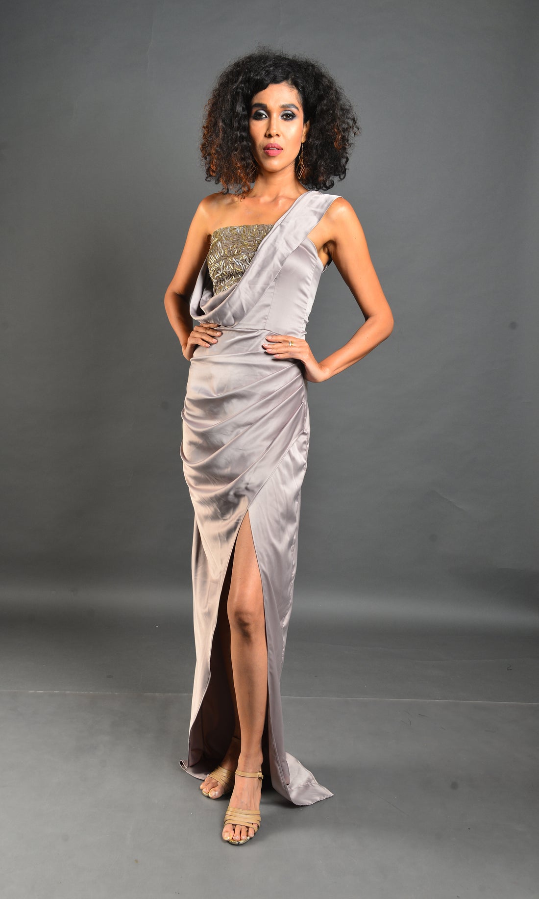 Off-Shoulder Silver Ruffle Gown