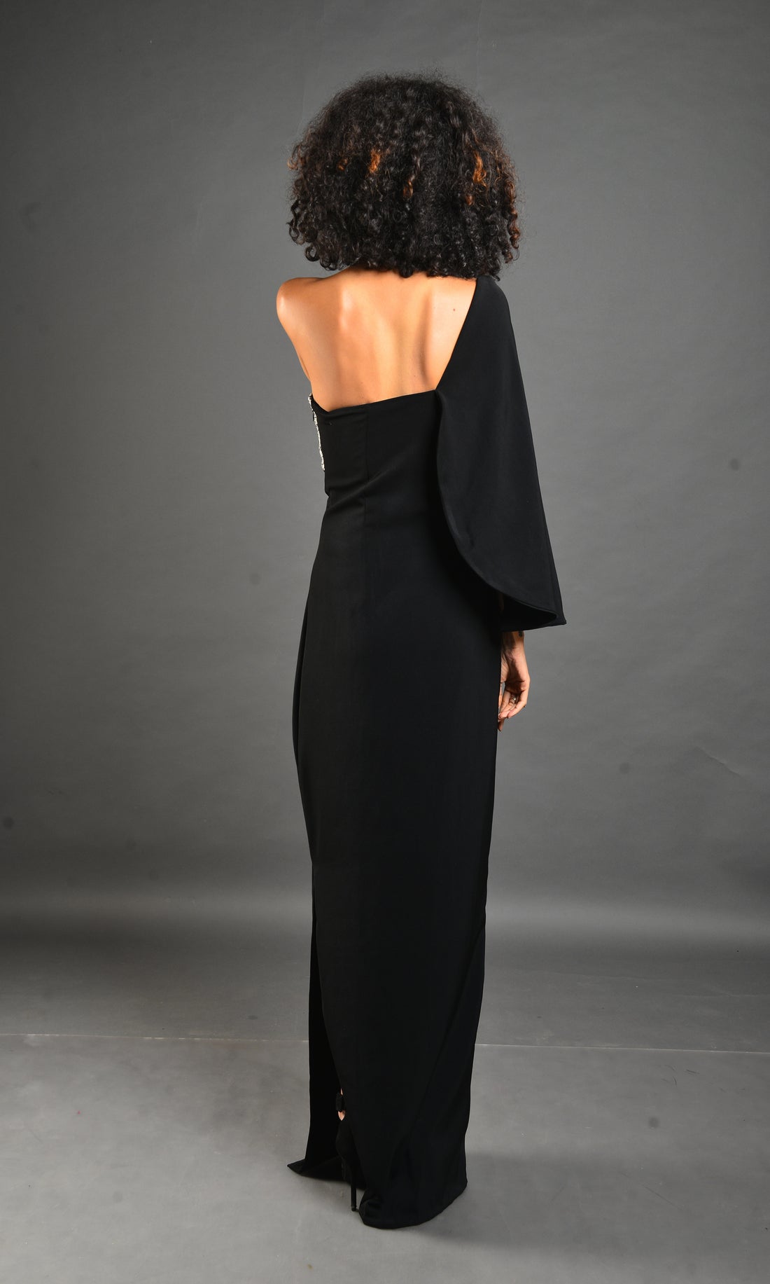 Off-Shoulder Kaftan Sleeve Black & Silver Gown