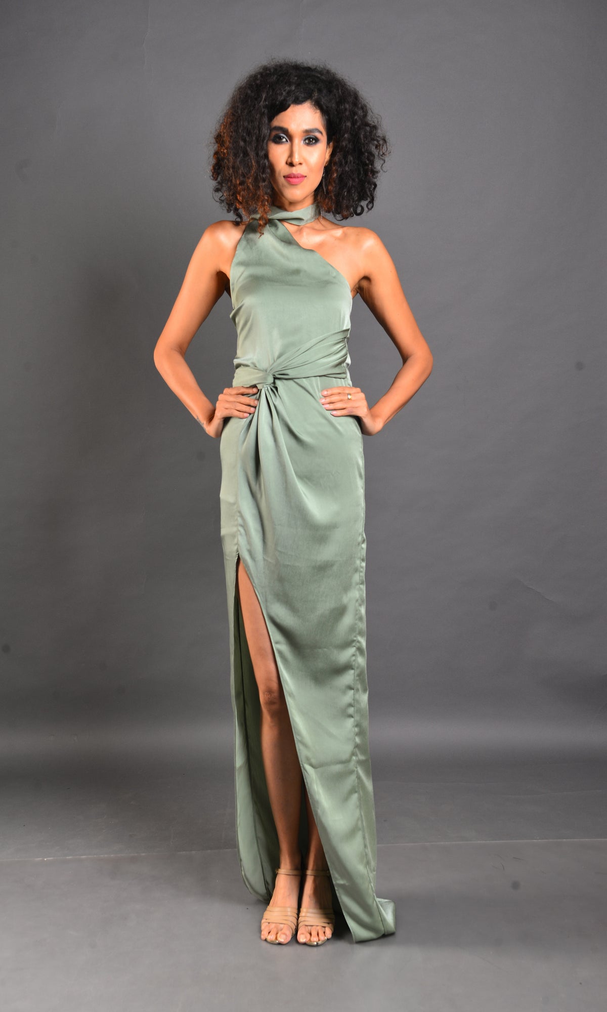 Olive Knot Dress - Off-Shoulder Party Wear