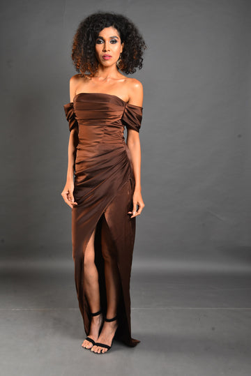Brown Shoulder Dress - Drop Slit Party Outfit