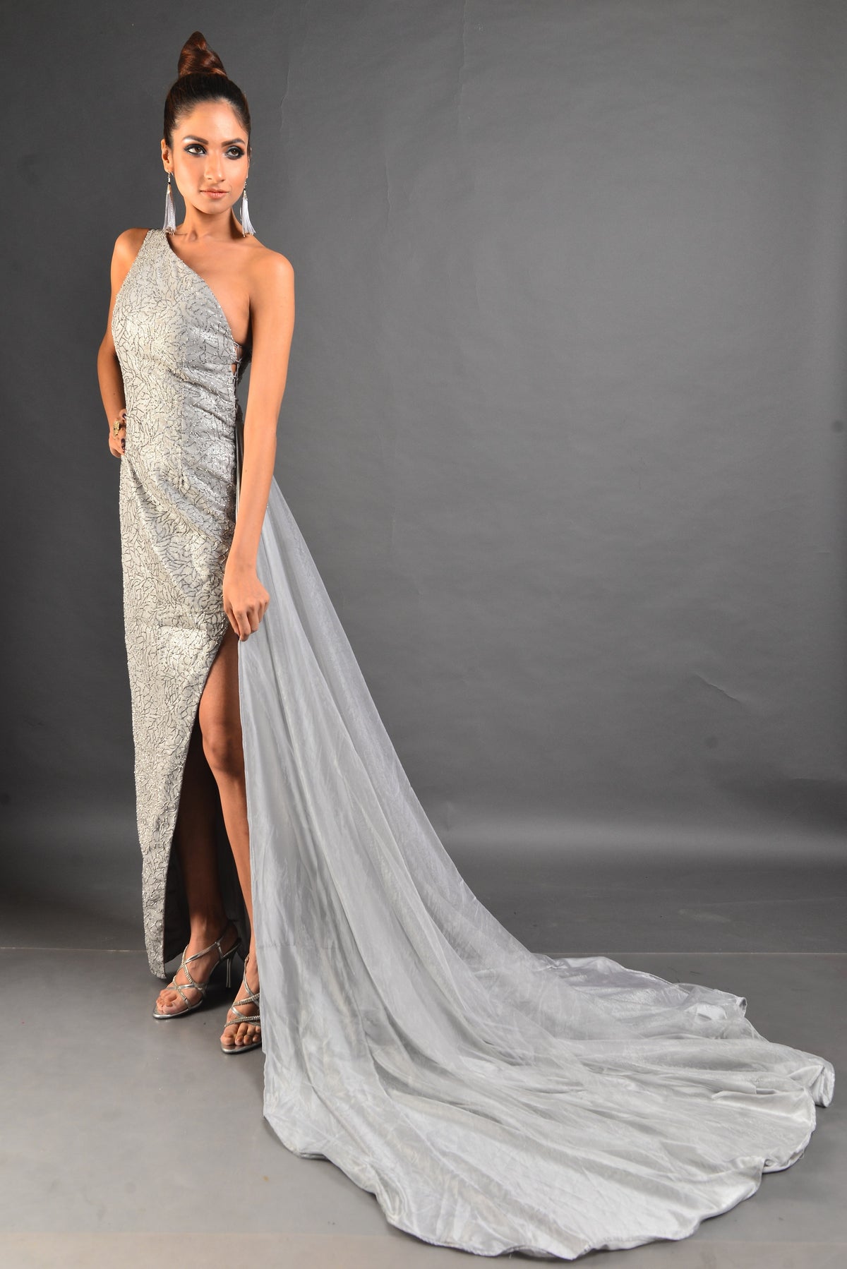 Silver Embroidered Gown - Off-Shoulder Side Trail