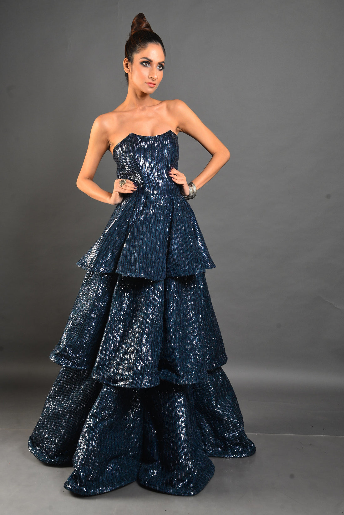 Dark Blue Sequined Gown - Layered Embroidered Dress