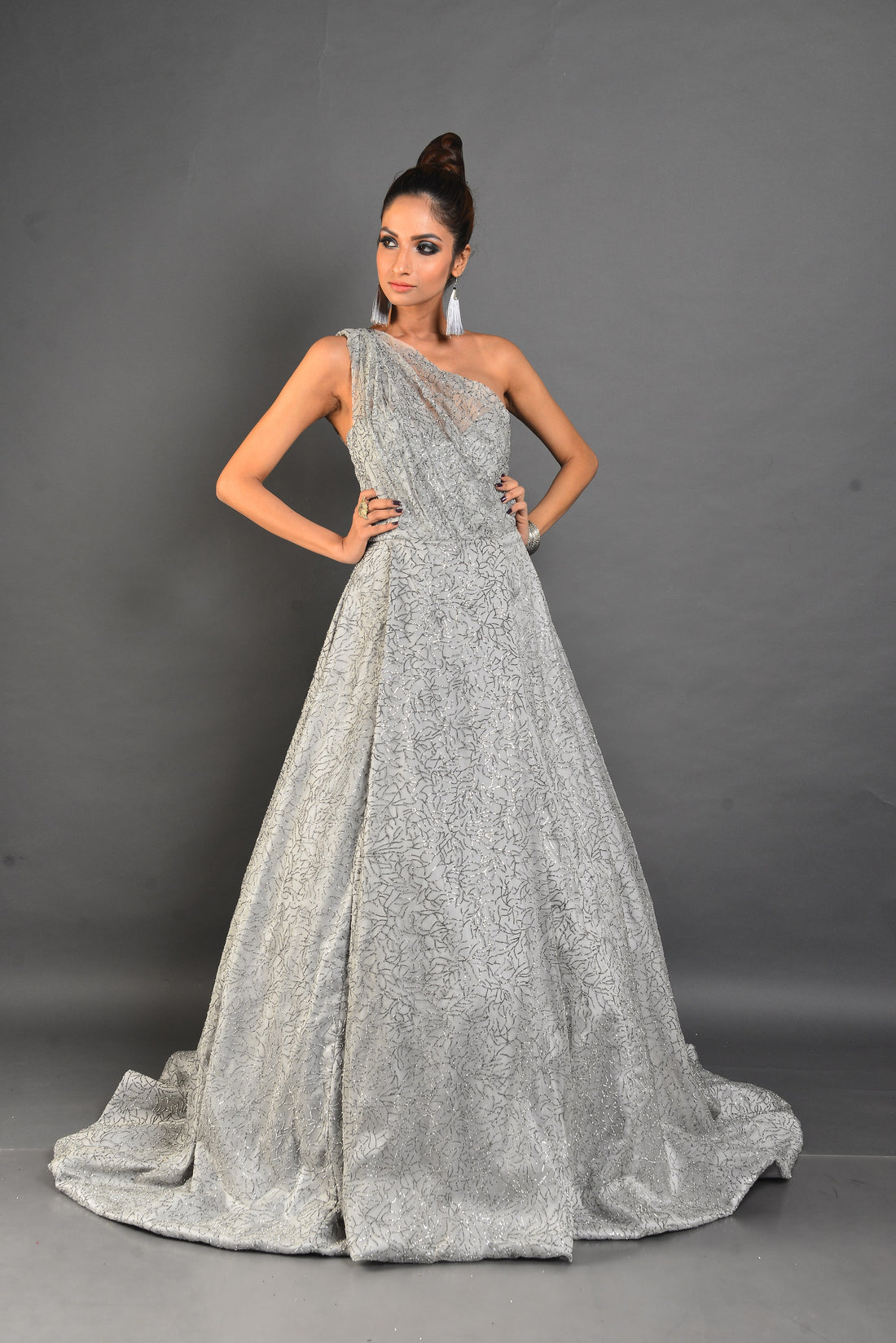 Silver Embroidered Gown - Off-Shoulder Flared Dress