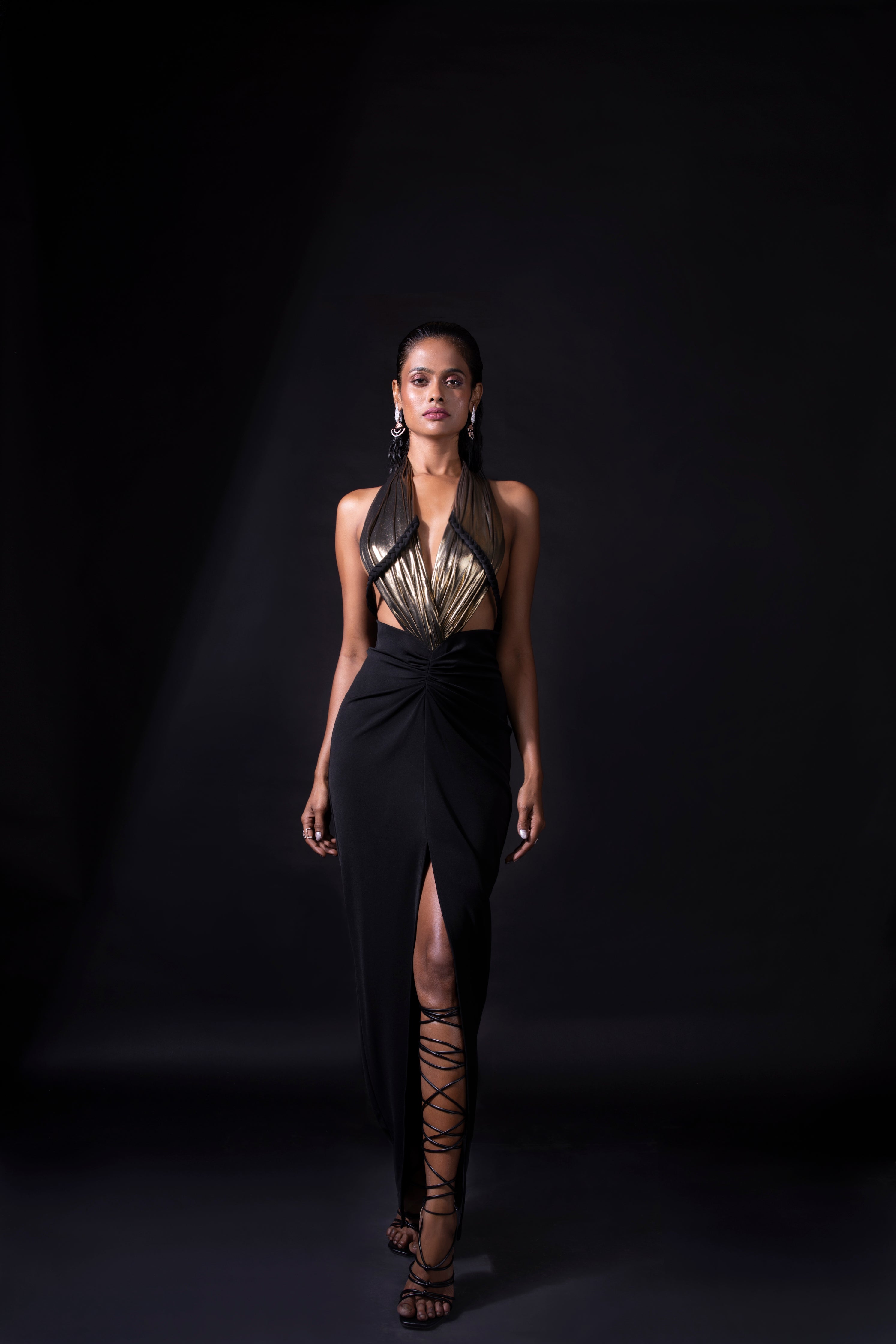 Deep V Draped Bodycon Gown with High Slit