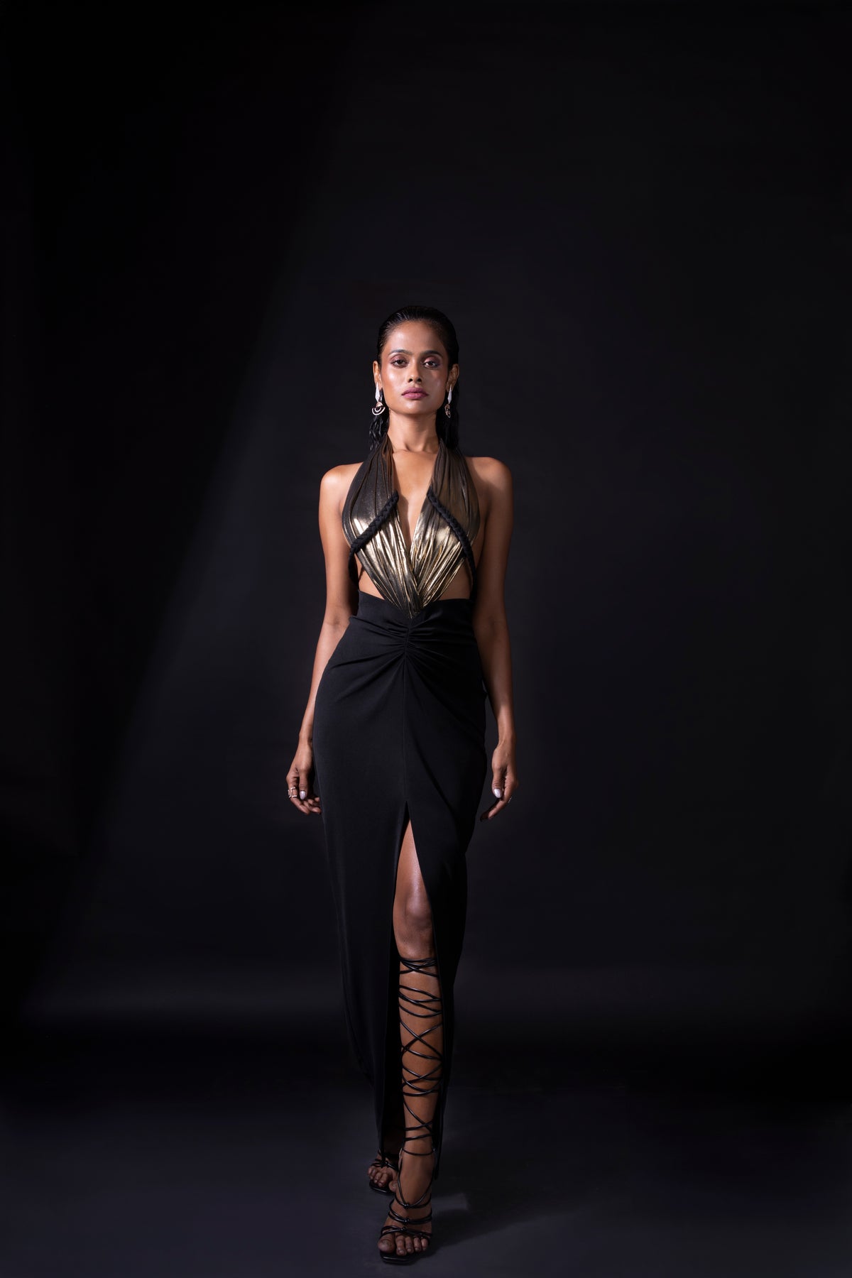 Black & Gold Bodycon Gown - Deep V High-Slit Dress