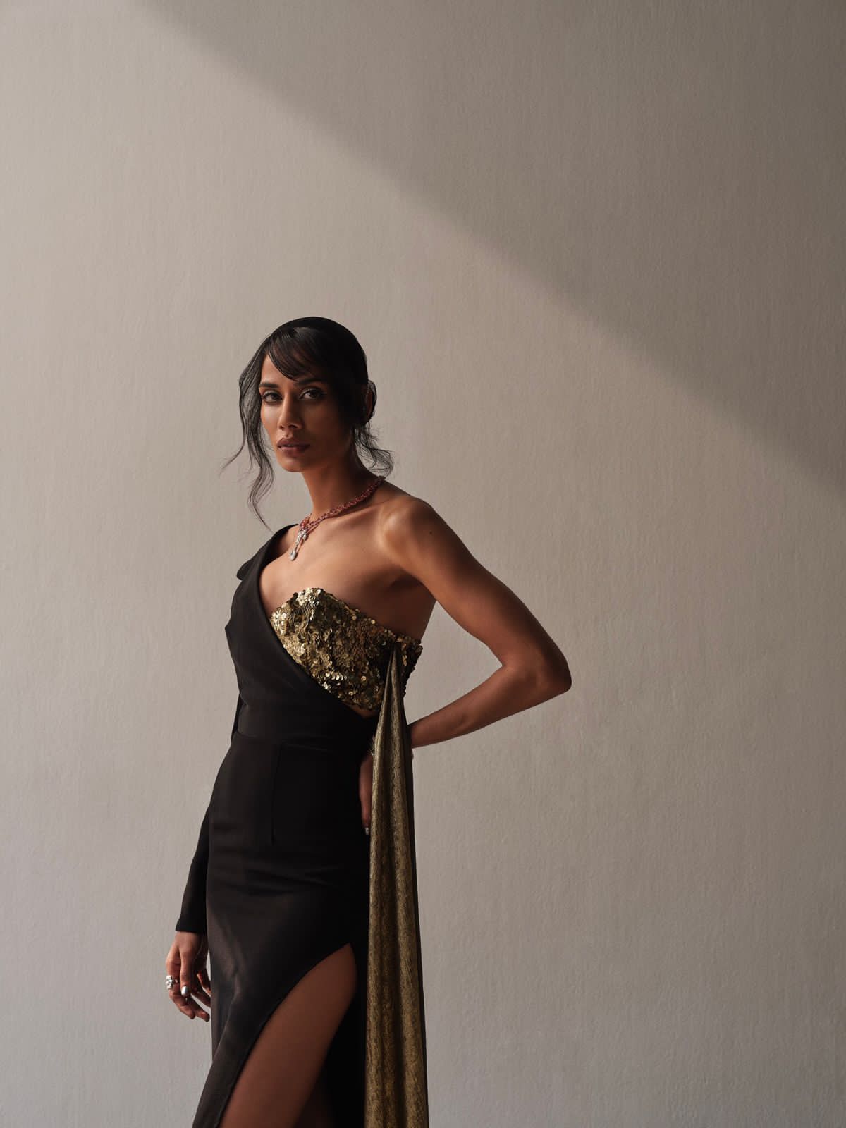 Black Shoulder Gown - Metallic Bustier Dress