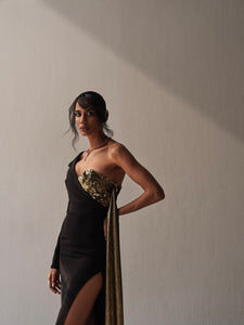 One Shoulder Gown paired with Metallic Embellished Bustier