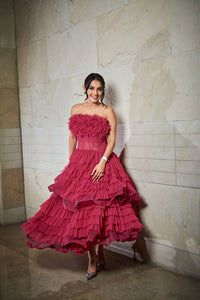 Ruffled Dress with Hand-cut Feathers