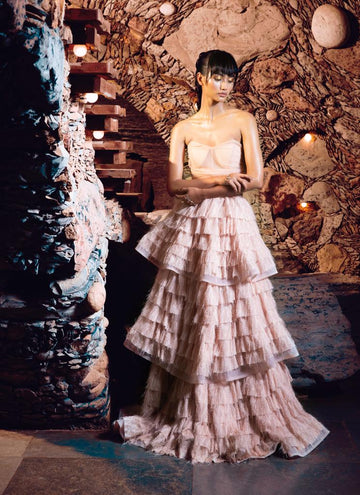 Peach Ruffled Gown - Layered Shoulder Dress